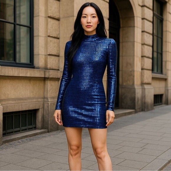 NWT Chatlotte Russe Women's XS Blue Sequins Back Eyelet Long Sleeve Dress - Picture 1 of 16